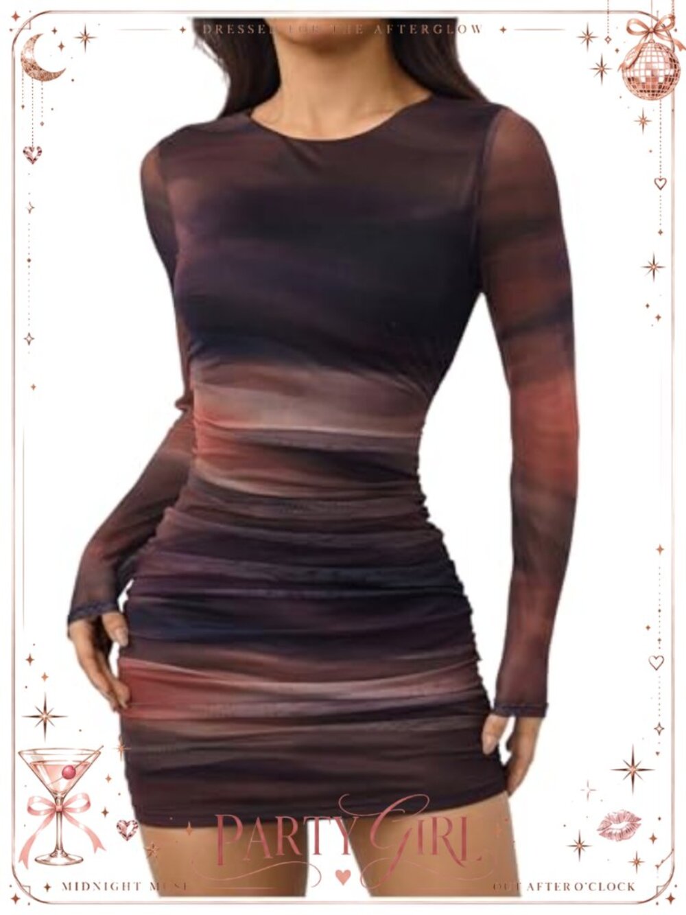 WDIRARA Women's Dress Tie Dye Ruched Bodycon Long Sleeve Mesh Mini Party